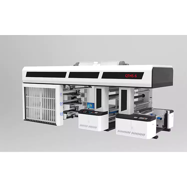 6 रंग सर्वो ड्राइव गियर प्रकार सेंट्रल ड्रम फ्लेक्सो प्रिंटिंग मशीन आस्तीन प्रकार